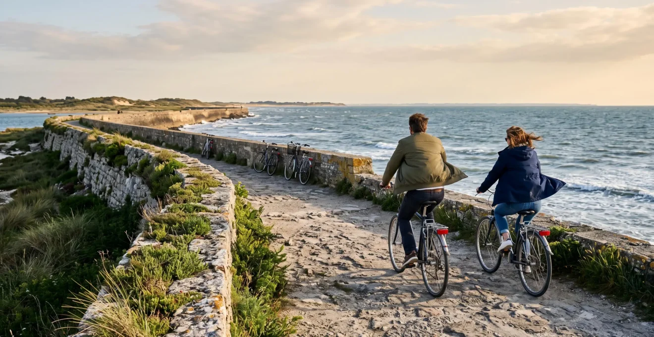 A couple cycles along a coastal stone dike in soft golden late-afternoon light.