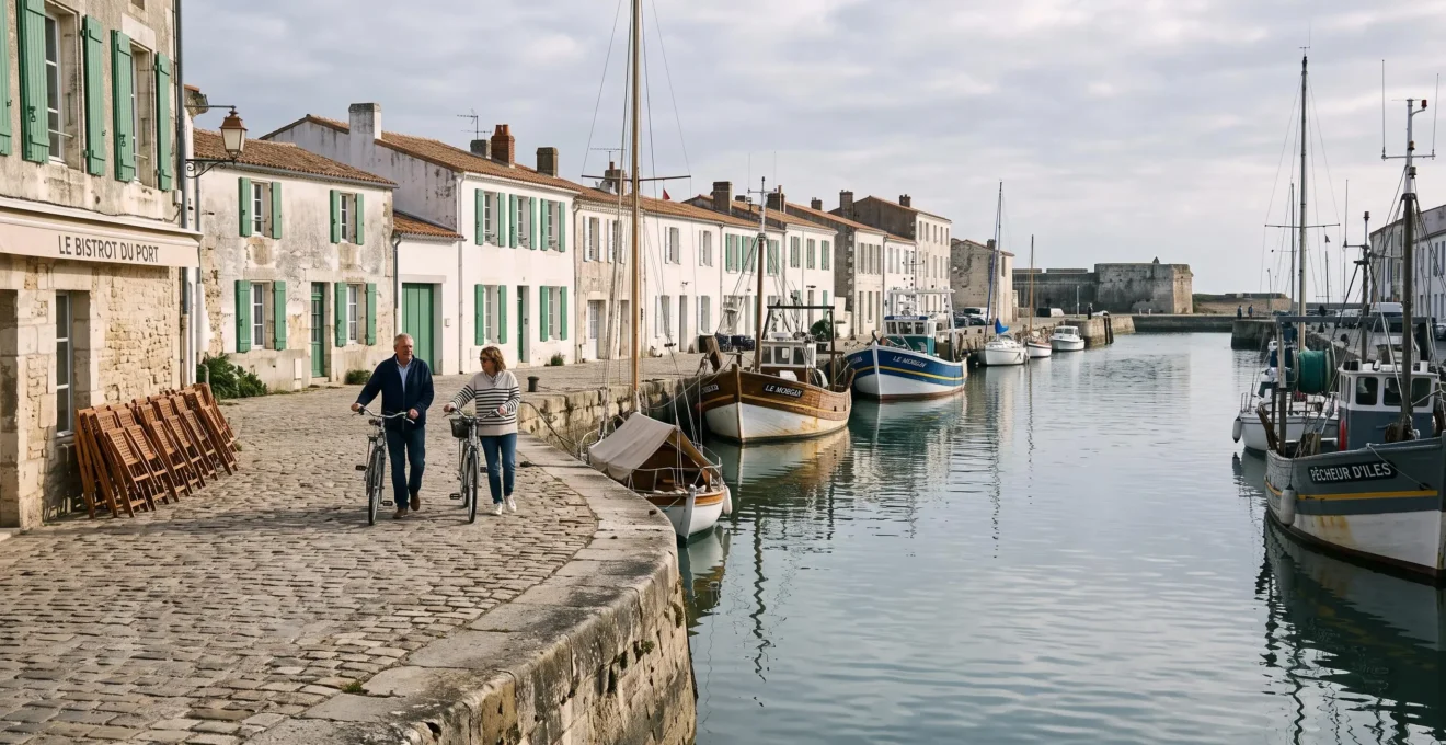 Quiet harbor in Saint-Martin-de-Ré in September with boats, bicycles and empty terraces.