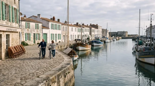 Quiet harbor in Saint-Martin-de-Ré in September with boats, bicycles and empty terraces.