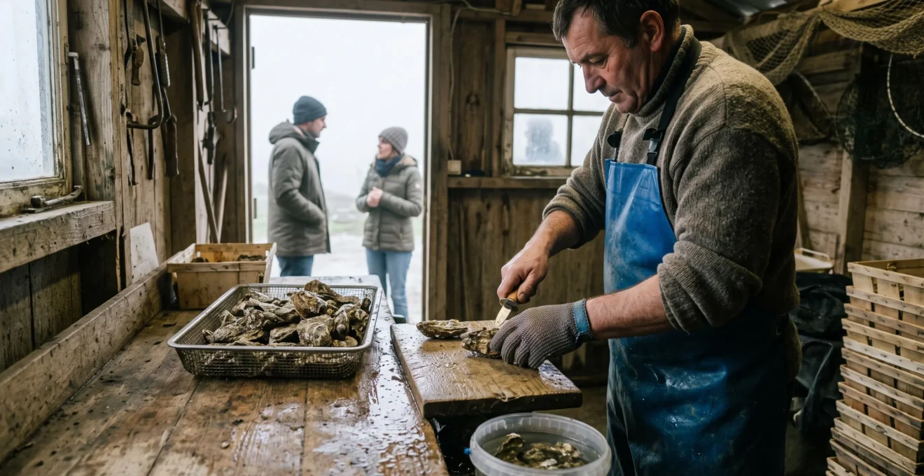 An oyster farmer shucks fresh oysters with a knife inside a coastal wooden hut.