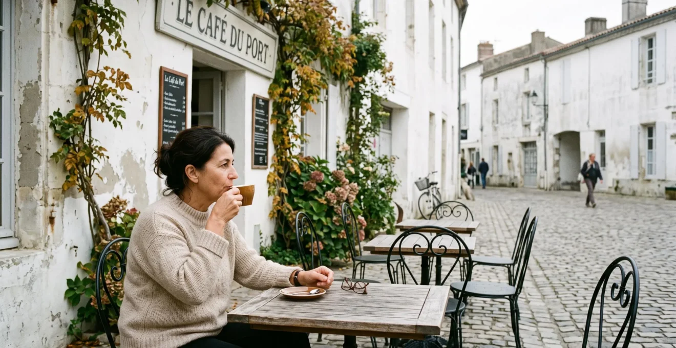 A woman drinks coffee alone on a quiet café terrace in an island village in autumn.